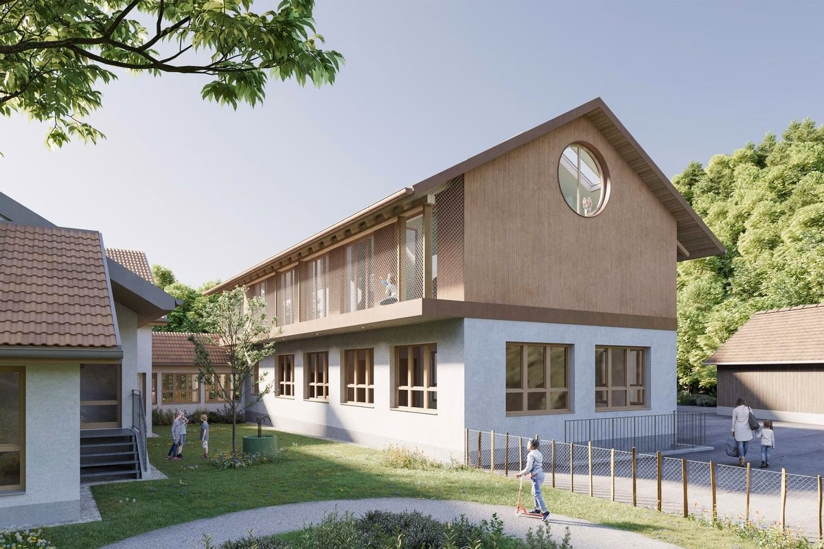 Ein bestehender Kindergarten, behutsam saniert und unter dem Dach weitergedacht.